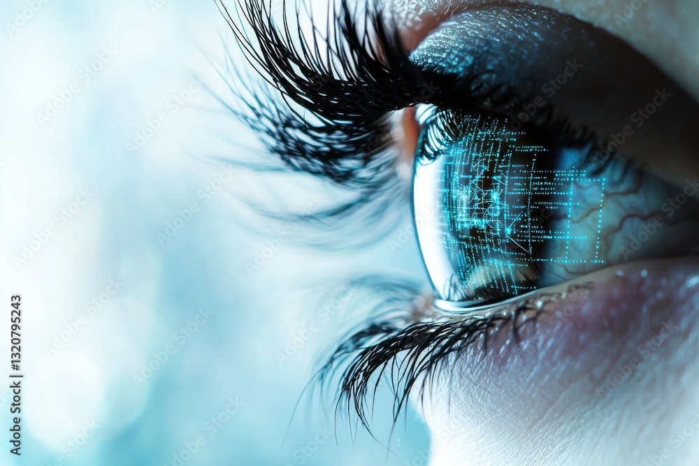 Poster close-up of a human eye with a digital data matrix reflected in the iris, representing artificial in