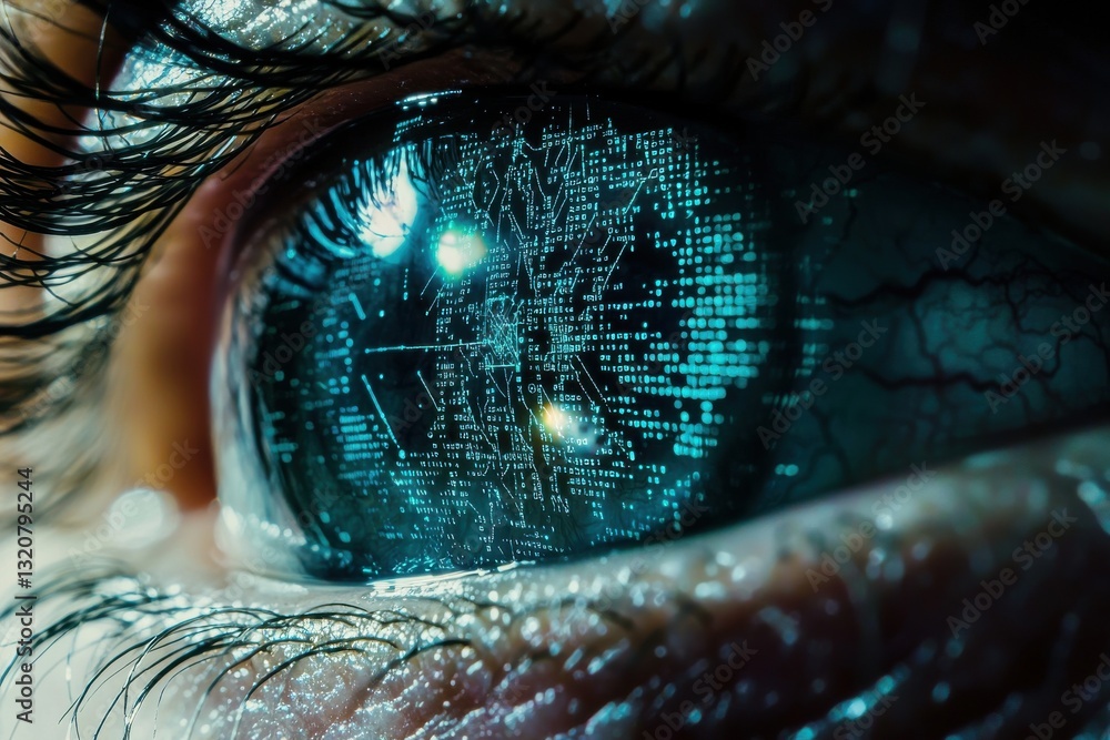 Poster a striking macro shot of an eye reflecting a futuristic digital matrix, embodying ai, technology, an