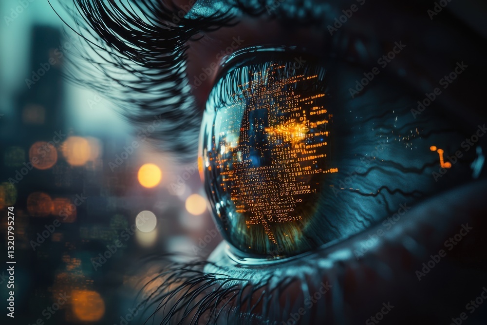 Poster close-up of a human eye with digital code reflecting in the iris, representing the future of technol