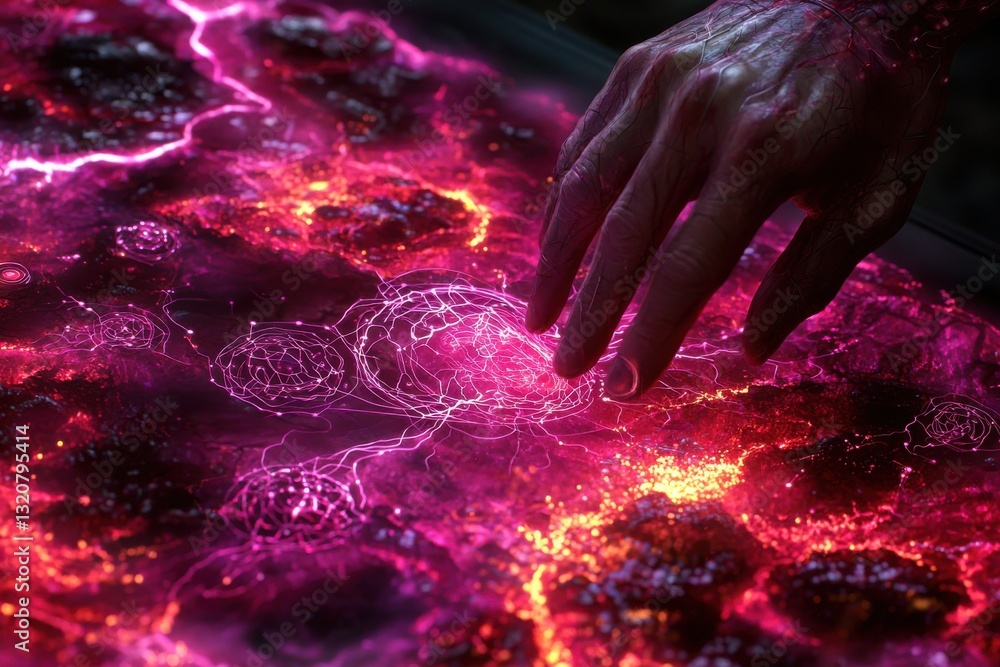 Poster a hand interacting with a glowing pink and red abstract data map, symbolizing advanced technology an