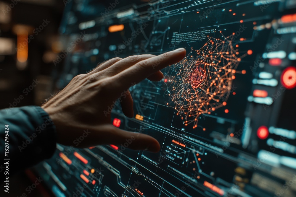 Poster close-up of a person interacting with a digital screen, showing complex data visualization and highl