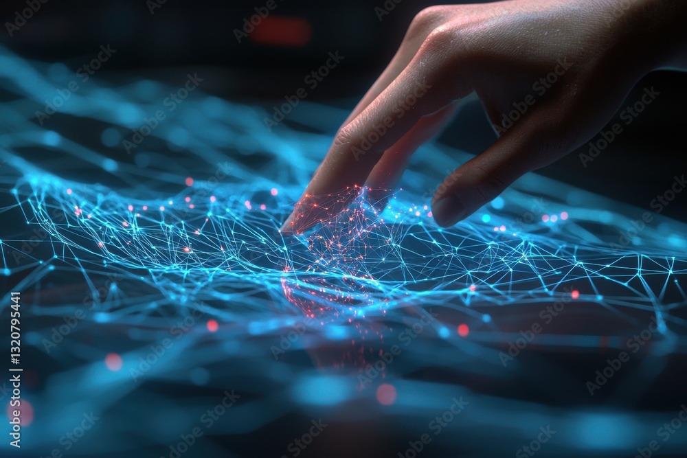 Poster a human hand interacting with a complex network of interconnected glowing lines, representing advanc