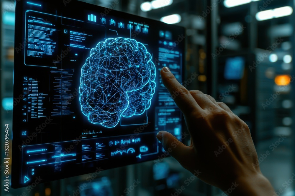 Poster a human hand interacts with a digital interface displaying a glowing brain, data streams, and techni