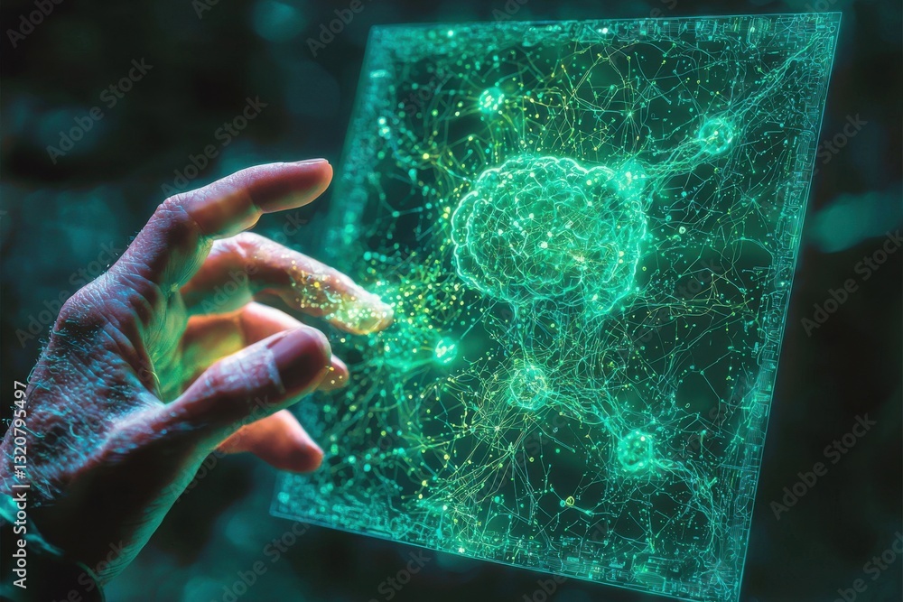 Poster a hand interacts with a holographic display featuring a glowing brain and neural network, symbolizin