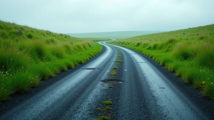 Fototapeta premium A Serene Winding Road Through Lush Green Meadows After a Gentle Rain