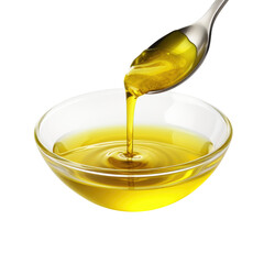 Olive oil flowing down from spoon into bowl on transparent background