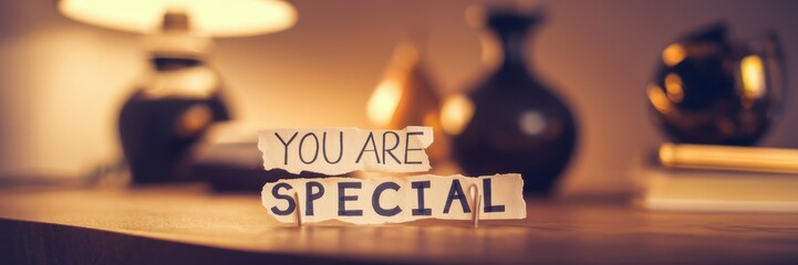 A heartwarming message: You are special,  written on torn paper pieces, displayed on a wooden surface with warm lighting and blurry background objects.