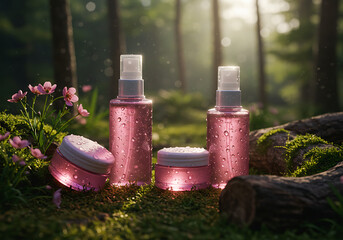 Un juego de cosm&eacute;ticos ambientado en la naturaleza. Flores y musgos de troncos.