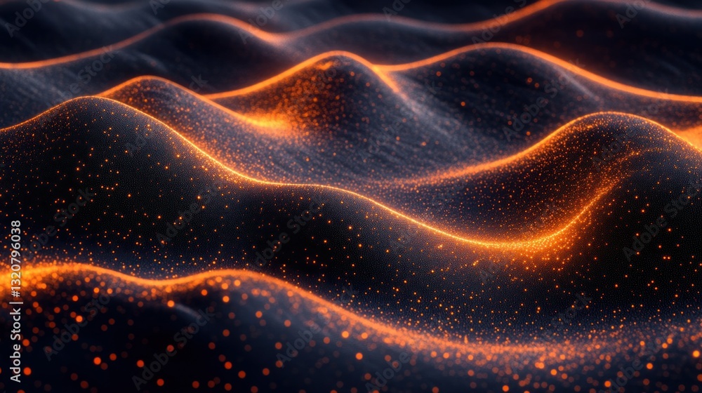 Poster abstract wavy terrain of glowing particles. dark background with undulating ridges of orange-glowing