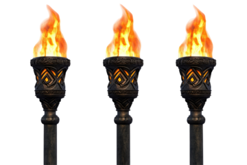 Ornate flaming torches in medieval style on transparent background