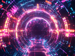 Obraz premium Neon lights and geometric patterns in a futuristic tech portal, evoking innovation and advanced design.