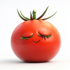 Sleepy tomato with relaxed eyelids and a subtle smile, isolated on clear white background