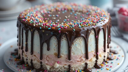 Indulge in a decadent chocolate cake with colorful sprinkles, perfect for celebrations and sweet moments.