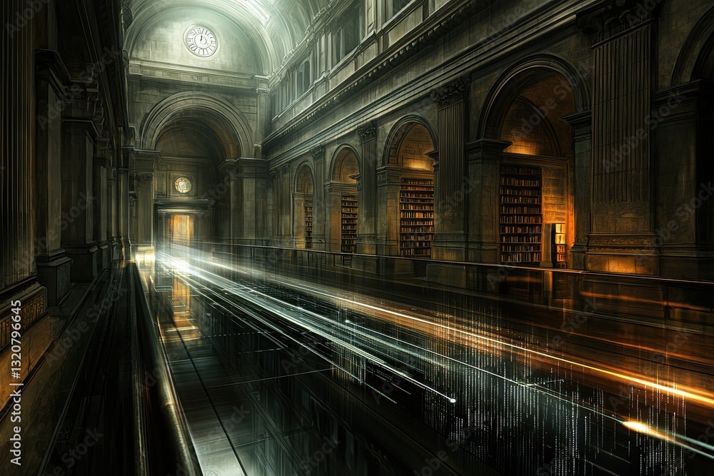 Poster mysterious library hall with light streaks, ornate architecture and many books. high resolution, dig
