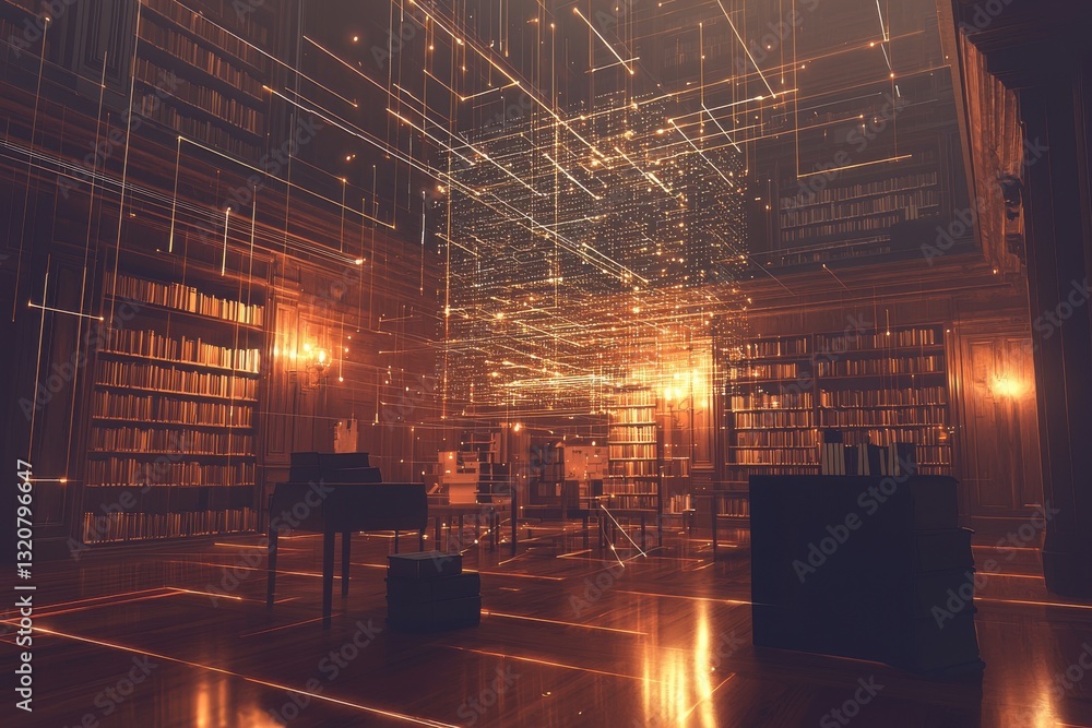 Poster a magnificent digital library with floating data points connecting shelves of books, representing kn