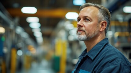 Middle-aged manufacturing consultant examines workflow in a bright production facility, advising on strategies to boost efficiency and overall productivity during working hours