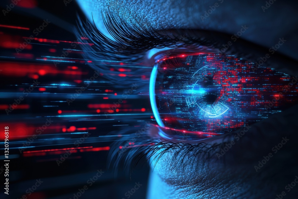 Poster human eye overlaid with digital data streams and code, conveying advanced technology and artificial 