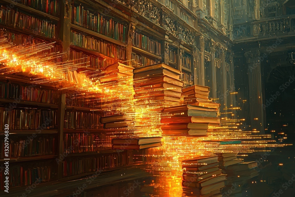 Poster mystical library with stacks of books illuminated by golden light streaks, representing the flow of 
