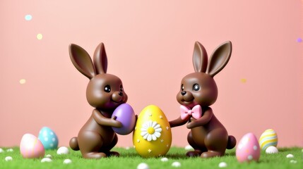 Fototapeta premium Chocolate Bunnies Easter Eggs Playful Holiday