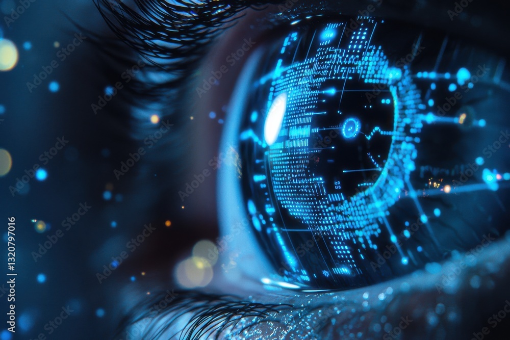 Aufkleber a futuristic close-up of an eye displaying a digital interface with glowing blue lights, representin