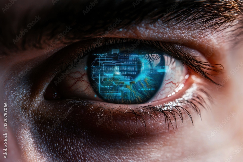 Poster a close-up of a human eye with an intricate digital circuit pattern reflected on its surface, showca