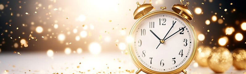 Gold alarm clock with sparkling background, symbolizing time and opportunity.