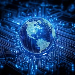 Futuristic digital globe with glowing circuits and network connections