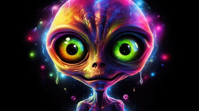 cute futuristic alien glowing in neon colors illustration