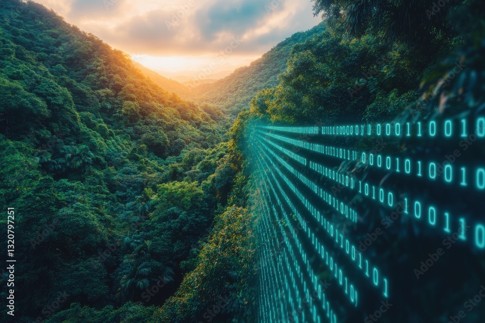 Poster a conceptual image representing data streams flowing through a lush green mountain valley, symbolizi