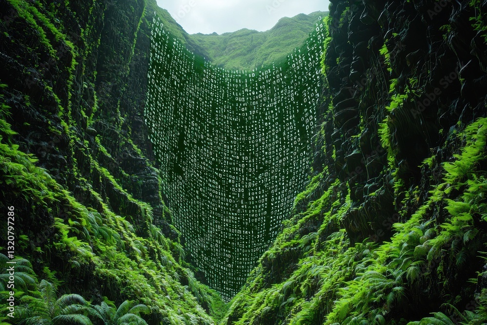 Poster a lush green canyon filled with flowing binary code, symbolizing the convergence of nature and digit