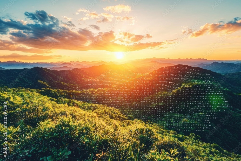 Poster a serene sunset over lush green mountains, overlaid with digital binary code creating a unique fusio