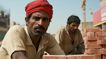 Hardworking Laborers on Construction Site with Brick Stacks in Sunny Urban Environment