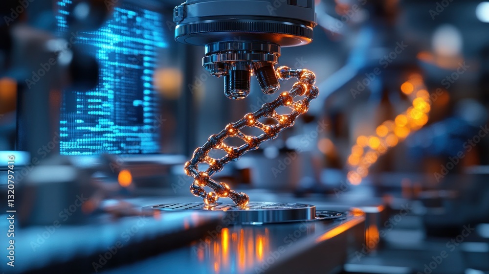 Poster advanced robotic arm manipulating a dna strand in a high-tech laboratory environment. a microscope a