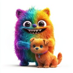 Fototapeta premium Rainbow Fluffy Monster Joyfully Playing with a Puppy, isolated on clear white background