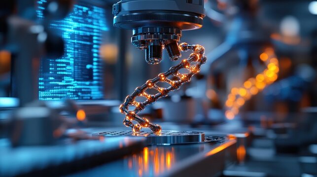 Advanced robotic arm manipulating a DNA strand in a high-tech laboratory environment.  A microscope and glowing digital code are visible, suggesting scientific research and technological advancement