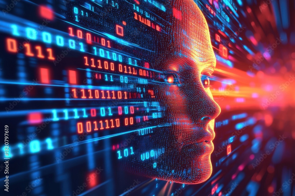 Poster digital face with binary code overlay representing artificial intelligence and futuristic technology