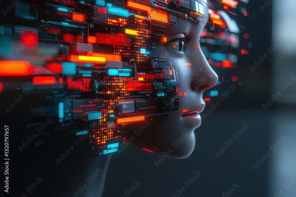 Poster advanced digital human head with flowing data streams, embodying cutting-edge artificial intelligenc
