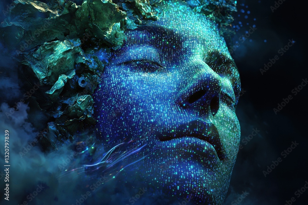 Poster an artistic rendering of a human face covered in digital binary code, creating an ethereal and futur