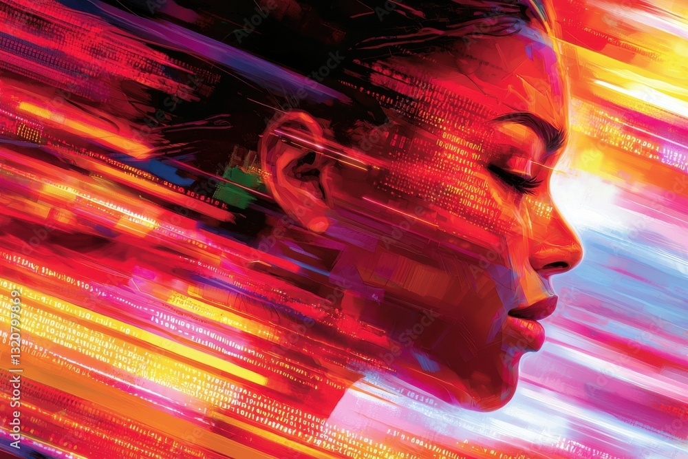 Poster abstract digital portrait of a woman's face in striking red tones, overlaid with streaming binary co
