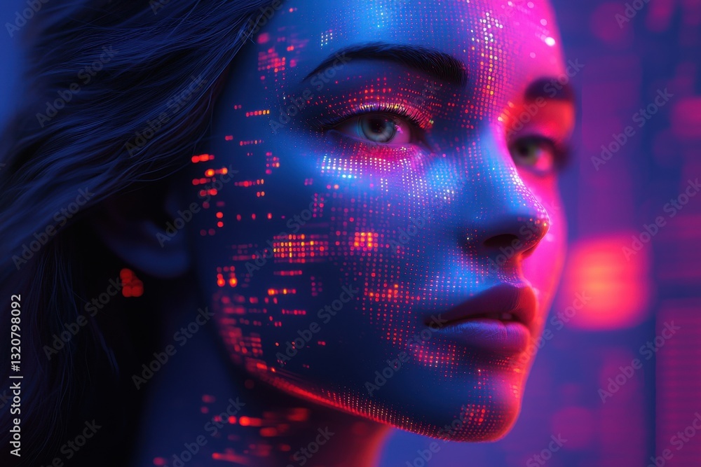 Aufkleber artificial intelligence futuristic concept: digital human face with glowing dots symbolizes machine 