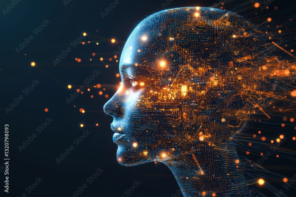Poster artificial intelligence: digital female face with glowing light particles shows the concept of ai, m