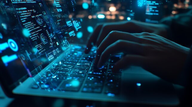 Close-up of a man's hands typing on a numeric keypad with various holographic icons