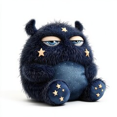 Sleepy Midnight Blue Monster Plush with Star Eyes and a Comfy Look, isolated on clear white background