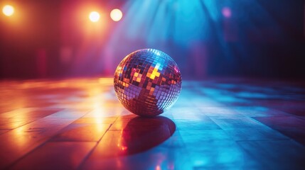 Obraz premium A disco ball sits on top of a wooden floor, providing a focal point for any room or event