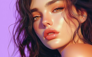 Fototapeta premium Realistic close-up of a beautiful young woman with smoky taupe eyes, glossy peach lips, and wavy dark chestnut hair, on a pastel violet background