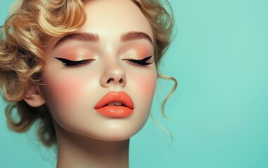 Realistic portrait of a graceful girl with bold black winged eyeliner, soft coral lips, and voluminous golden curls, on a pastel mint background