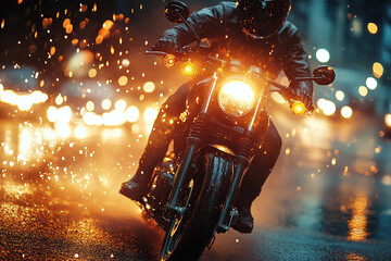 Motorcyclist in motion in the city against golden bokeh background. Generated by artificial intelligence.