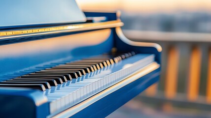 Elegant Blue Piano with Sunset Background in Soft Focus