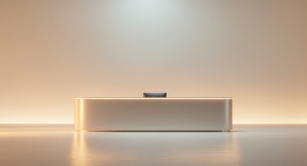 A modern reception desk illuminated by beautiful warm lights