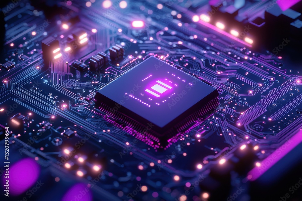 Poster a sophisticated close-up of a cpu microchip on a complex circuit board, illuminated with vibrant pur